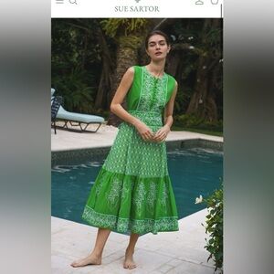 NWT SUE SARTOR Jewel Neck Sleeveless Flounce Green Lily Embroidery Spring Floral